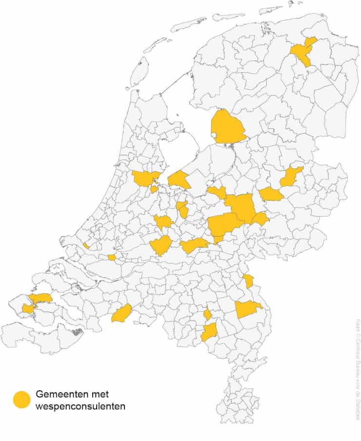 Kaart van Nederland met in geel de gemeenten waar wespenconsulenten zitten: Groningen, Noordoostpolder, Hellendoorn, Amsterdam, Almere, Ermelo, Apeldoorn, Brummen, Deventer, Ede, Wageningen, Baarn, Soest, Utrecht, Vijfheerenlanden, Buren, Maassluis, Barendrecht, Gennep, Venray, Noord-Beveland, Middelburg, Zundert, Nuenen en Heeze-Leende.